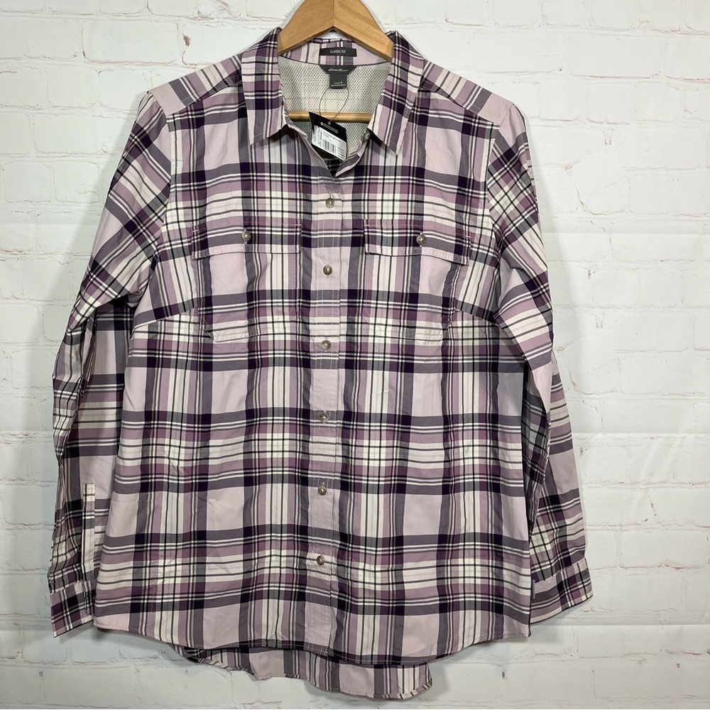 Eddie Bauer Adventurer 3.0 Plaid Shirt Womens Large Purple Long Sleeve New